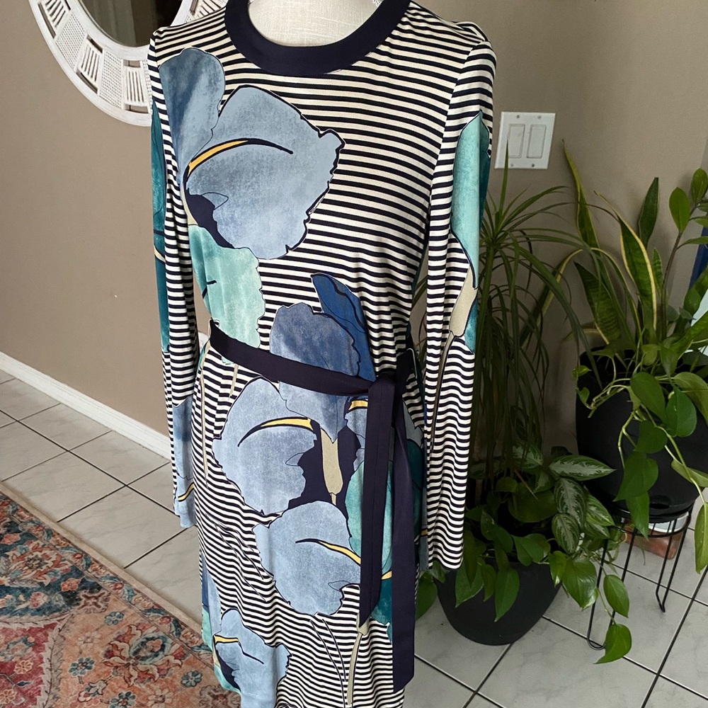Tory Burch Silk LKNW Dress Long Sleeve Striped Floral Print Large Belted